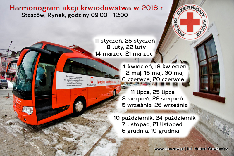 Harmonogram krwiodawstwa w Staszowie na 2016 rok.