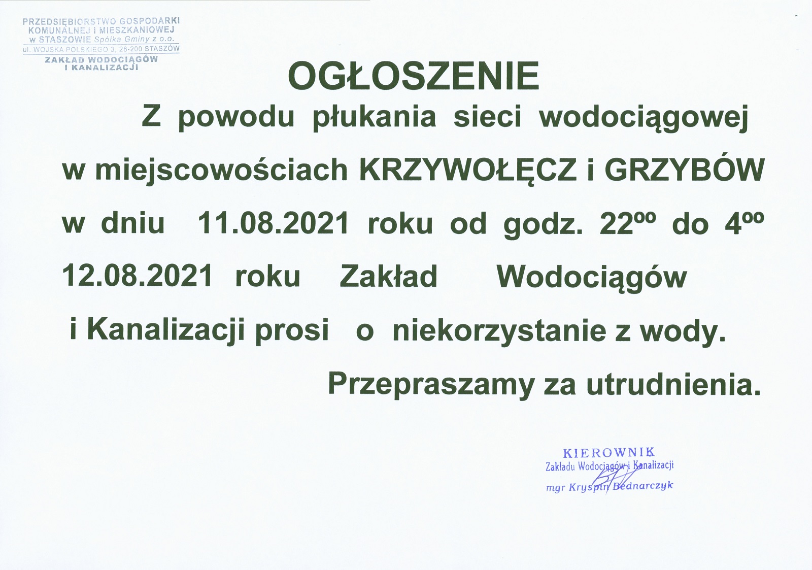 Płukanie sieci wodociągowej w miejscowościach Krzywołęcz, Grzybów