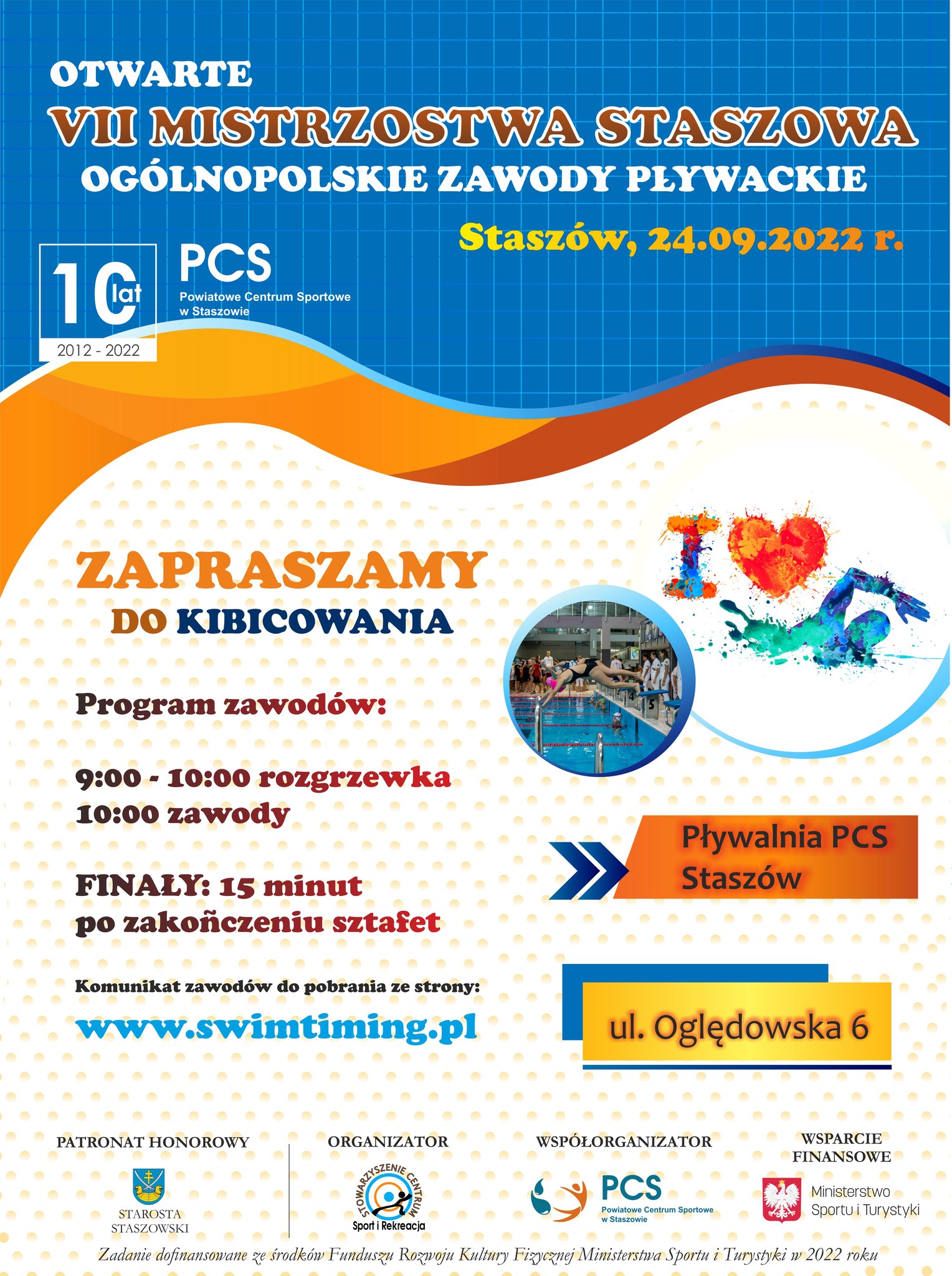 Plakat informacyjny: Otwarte Mistrzostwa Staszowa - Ogólnopolskie zawody pływackie. Zapraszamy do kibicowania w sobotę 24 września na pływalnię PCS.