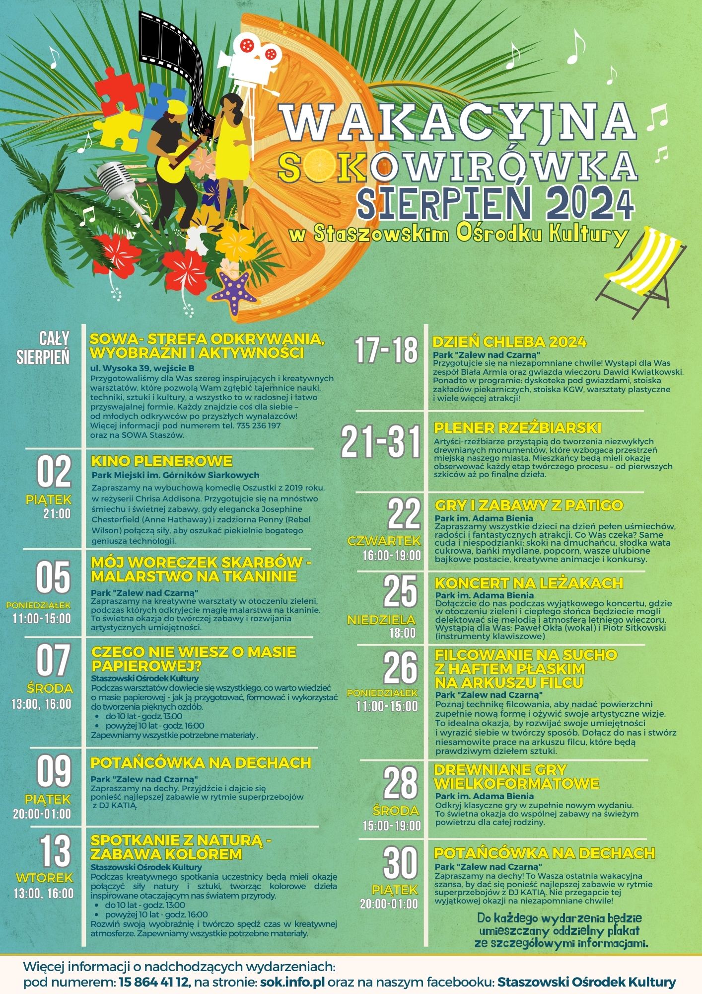 Plakat informacyjny dotyczący wydarzeń organizowanych przez SOK w sierpniu 2024