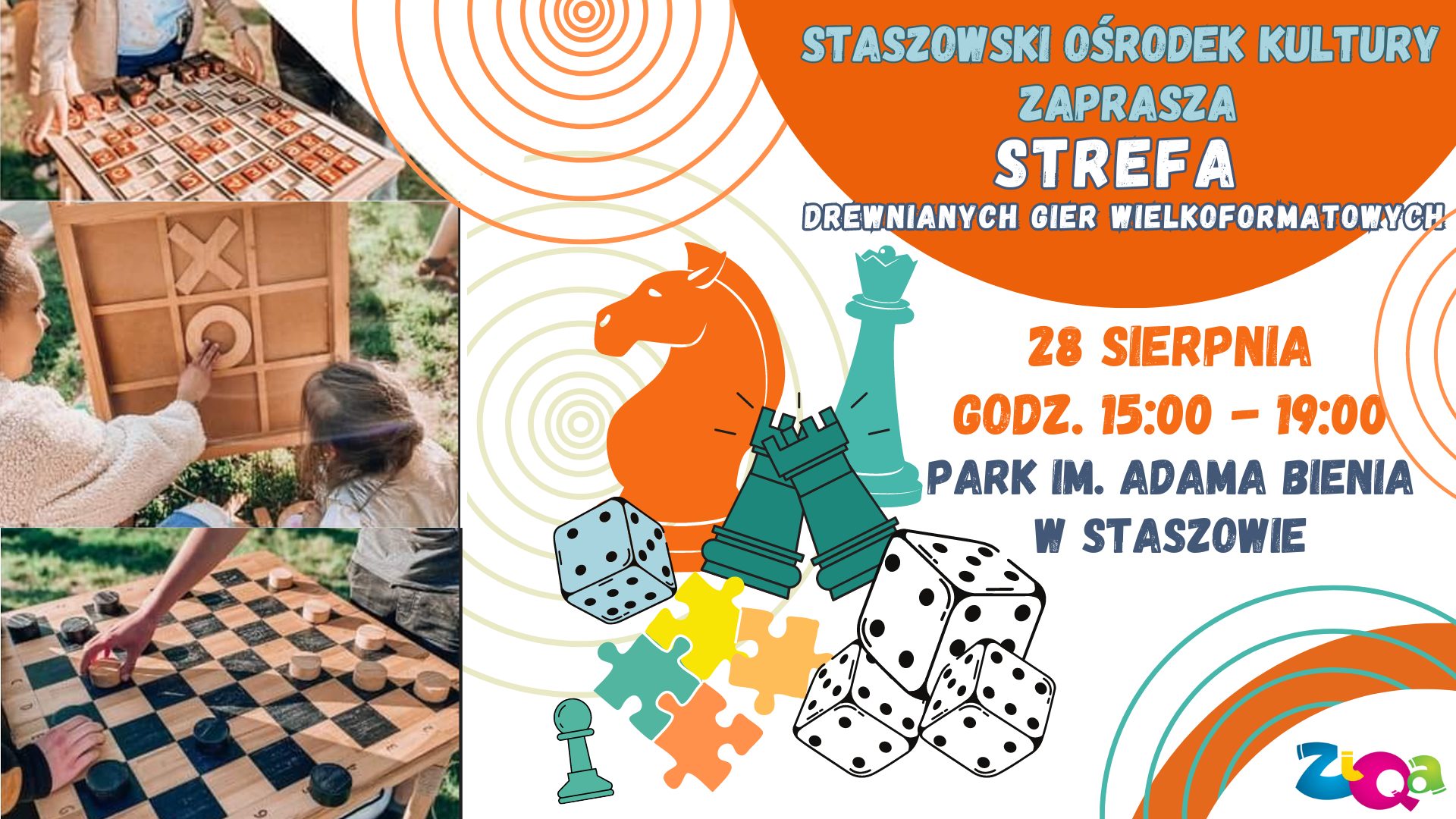 Już 28 sierpnia w godzinach 15:00 - 19:00 w Parku im. Adama Bienia odbędzie się Strefa Drewnianych Gier Wielkoformatowych. To doskonała okazja, aby spędzić czas na świeżym powietrzu i bawić się przy różnorodnych grach wykonanych z drewna w dużym formacie.  Dlaczego warto do nas dołączyć? Wszystkie gry są wykonane z drewna i mają wygodne rozmiary, które sprzyjają ruchowi całego ciała. Gry charakteryzują się prostymi zasadami, więc każdy może wziąć udział bez względu na wiek. Obecność instruktorów sprawi, że zabawa będzie nie tylko ekscytująca, ale także bezpieczna. Przyjdź z rodziną, przyjaciółmi lub sam i ciesz się chwilą relaksu, rywalizacji i dobrej zabawy. Czekamy na Was w Staszowie!  Organizatorzy: Staszowski Ośrodek Kultury i ZiQa & ZiQa Fun - animacje, eventy, questing, szkolenia  Źródło:SOk