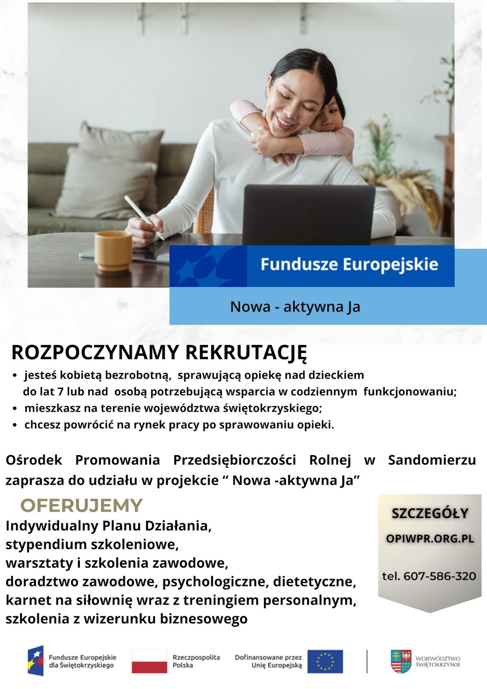 Celem projektu jest wspieranie zr&oacute;wnoważonego powrotu na&nbsp;rynek pracy 80  kobiet z&nbsp;wojew&oacute;dztwa świętokrzyskiego, w&nbsp;tym 44 zamieszkujących obszary  wiejskie, kt&oacute;re pozostają bez pracy i&nbsp;sprawują opiekę nad dzieckiem do  lat 7 lub&nbsp;osobami potrzebującymi opieki, poprzez objęcie ich wsparciem w&nbsp; zakresie godzenia życia zawodowego z&nbsp;prywatnym oraz&nbsp;wsparciem w&nbsp;zakresie  r&oacute;wności kobiet i&nbsp;mężczyzn.