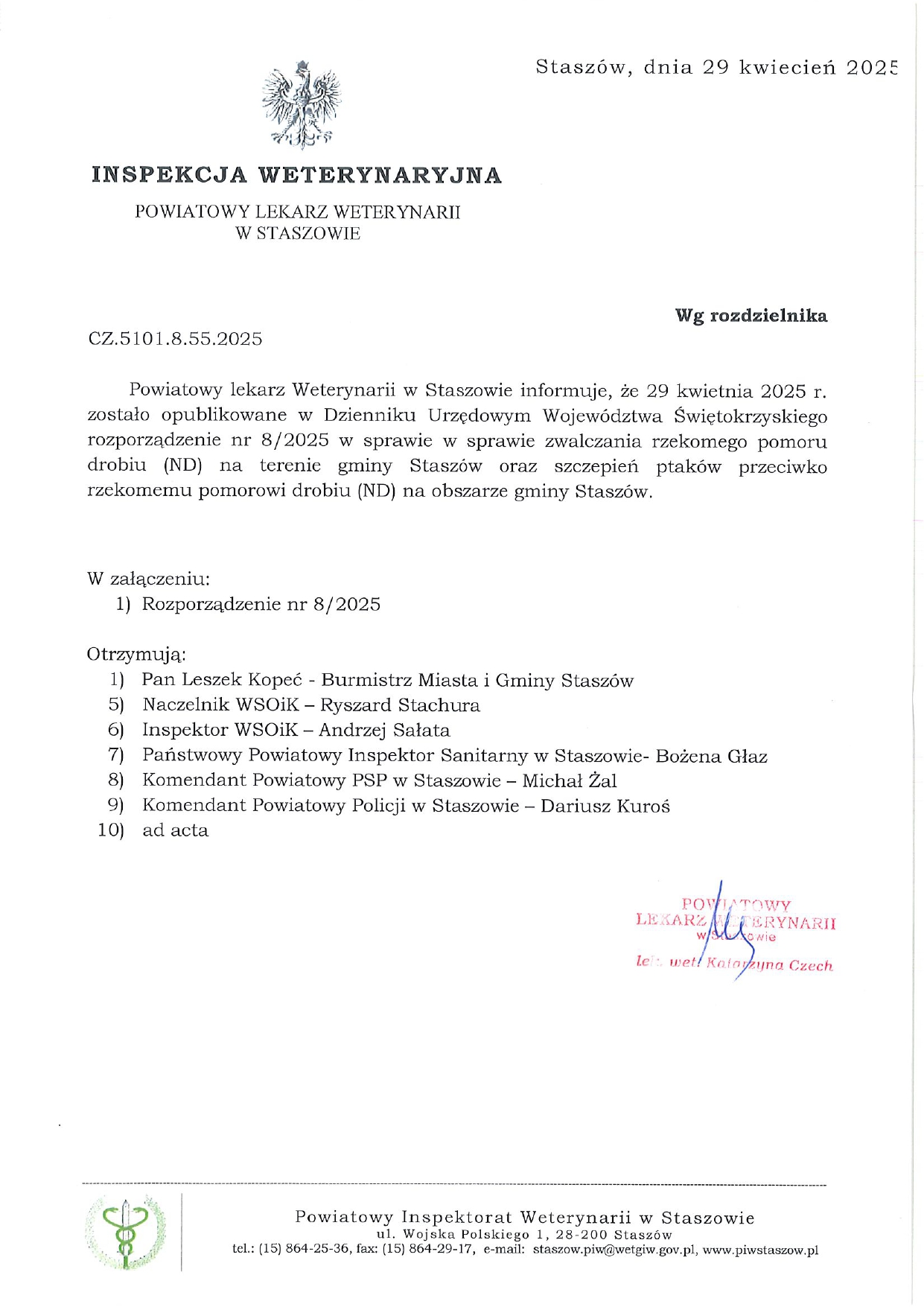 Rozporządzenie nr 8/2025 Powiatowego Lekarza Weterynarii w&nbsp;Staszowie z&nbsp;dnia 29 kwietnia 2025r. w&nbsp;sprawie zwalczania rzekomego pomoru drobiu (ND) na&nbsp;terenie gminy Stasz&oacute;w oraz&nbsp;szczepień ptak&oacute;w przeciwko rzekomemu pomorowi drobiu (ND) na&nbsp;obszarze gminy Stasz&oacute;w