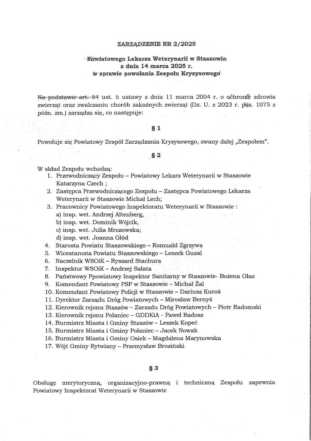 Zarządzenie NR 2/2025 Powiatowego Lekarza Weterynarii w&nbsp;Staszowie z&nbsp;dnia 14 marca 2025 r. w&nbsp;sprawie powołania Zespołu Kryzysowego