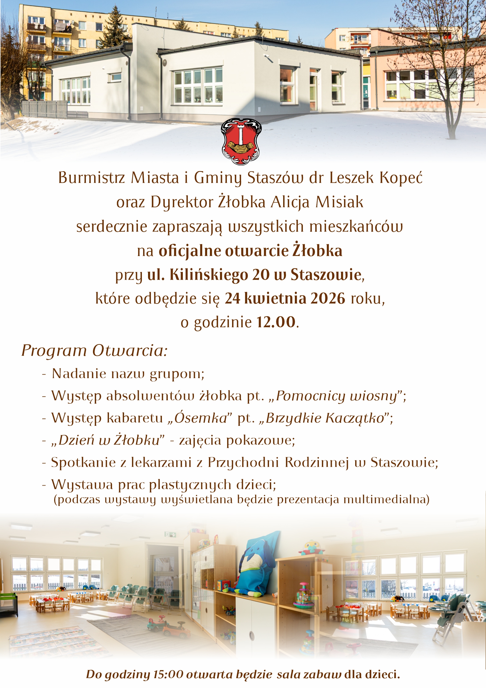 Zaproszenie na&nbsp;uroczyste otwarcie nowego Żłobka w&nbsp;Staszowie