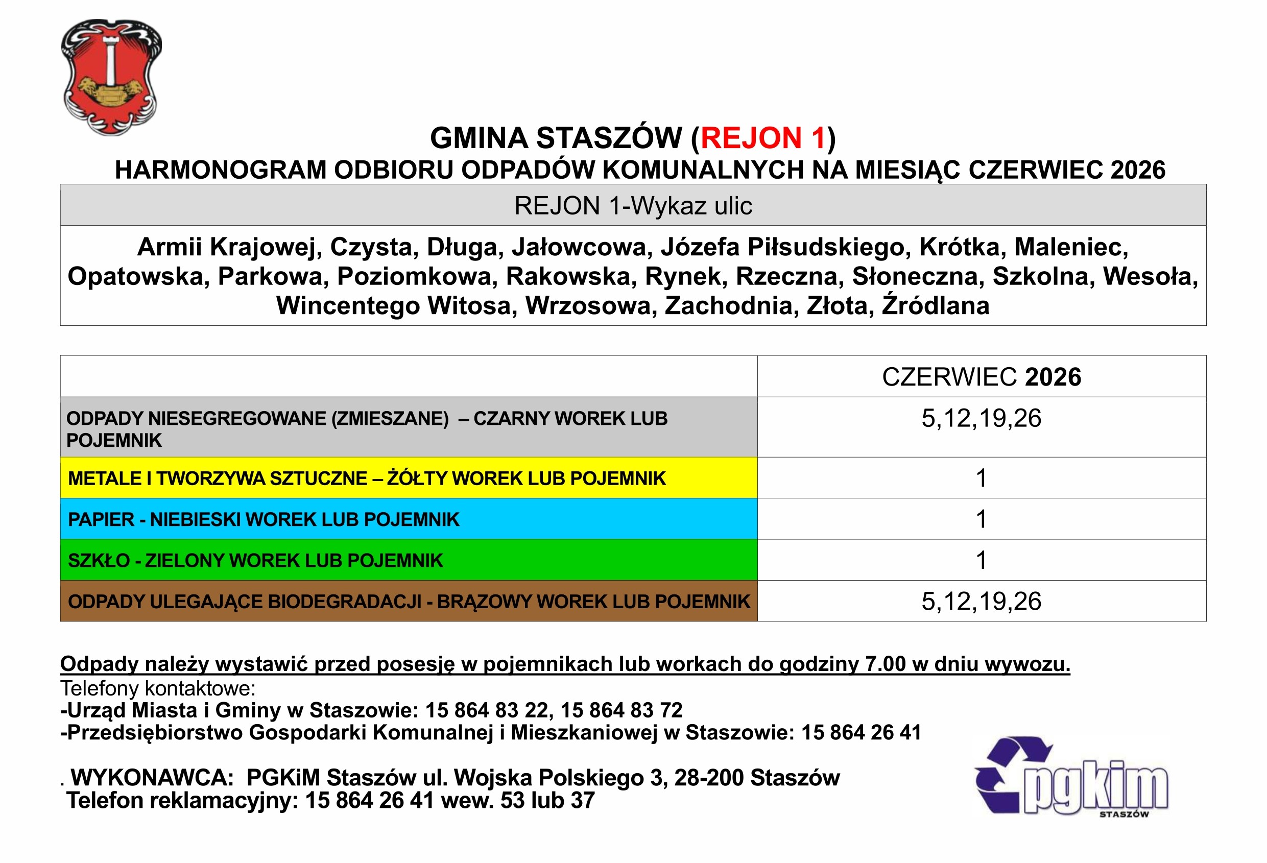 Grafika: Harmonogram odbioru odpad&oacute;w komunalnych na&nbsp;czerwiec 2026 roku