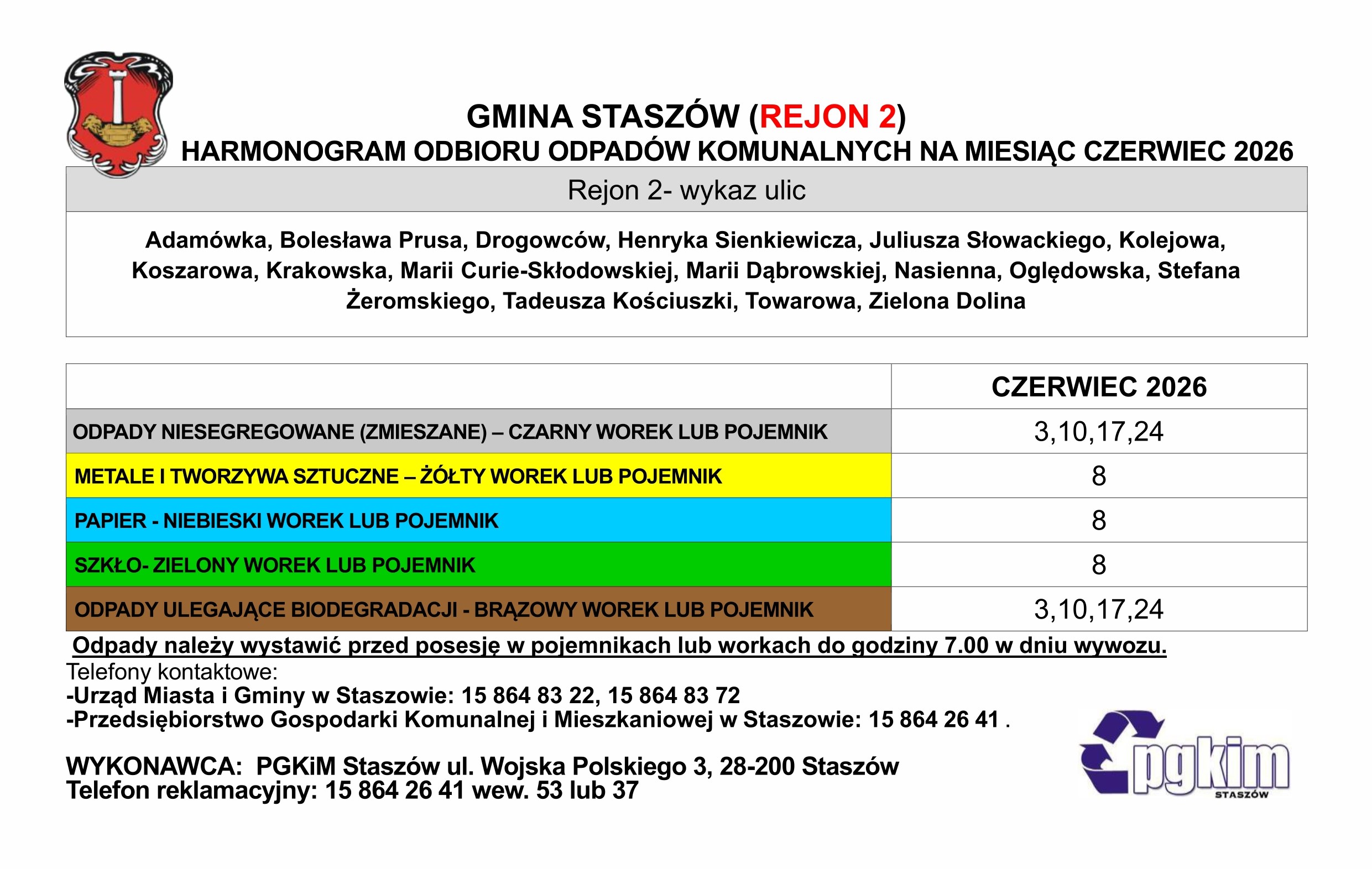 Grafika: Harmonogram odbioru odpad&oacute;w komunalnych na&nbsp;czerwiec 2026 roku
