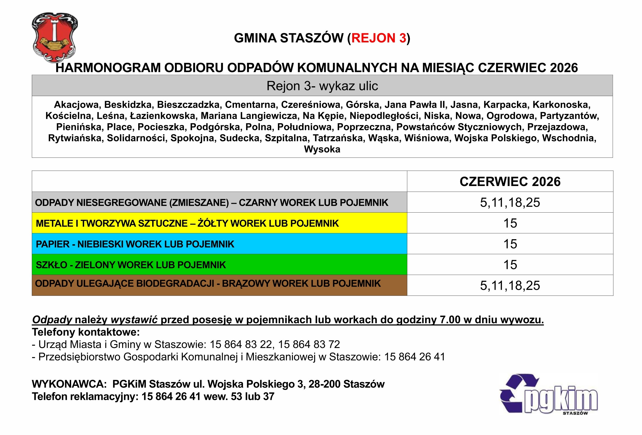 Grafika: Harmonogram odbioru odpad&oacute;w komunalnych na&nbsp;czerwiec 2026 roku