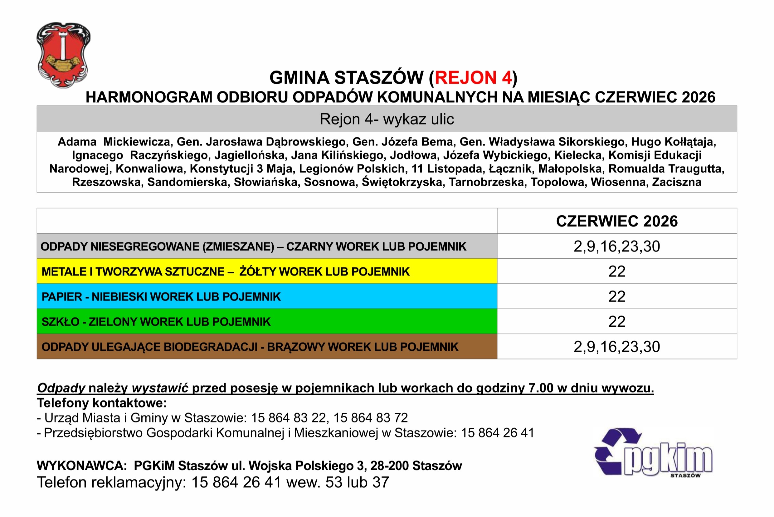 Grafika: Harmonogram odbioru odpad&oacute;w komunalnych na&nbsp;czerwiec 2026 roku