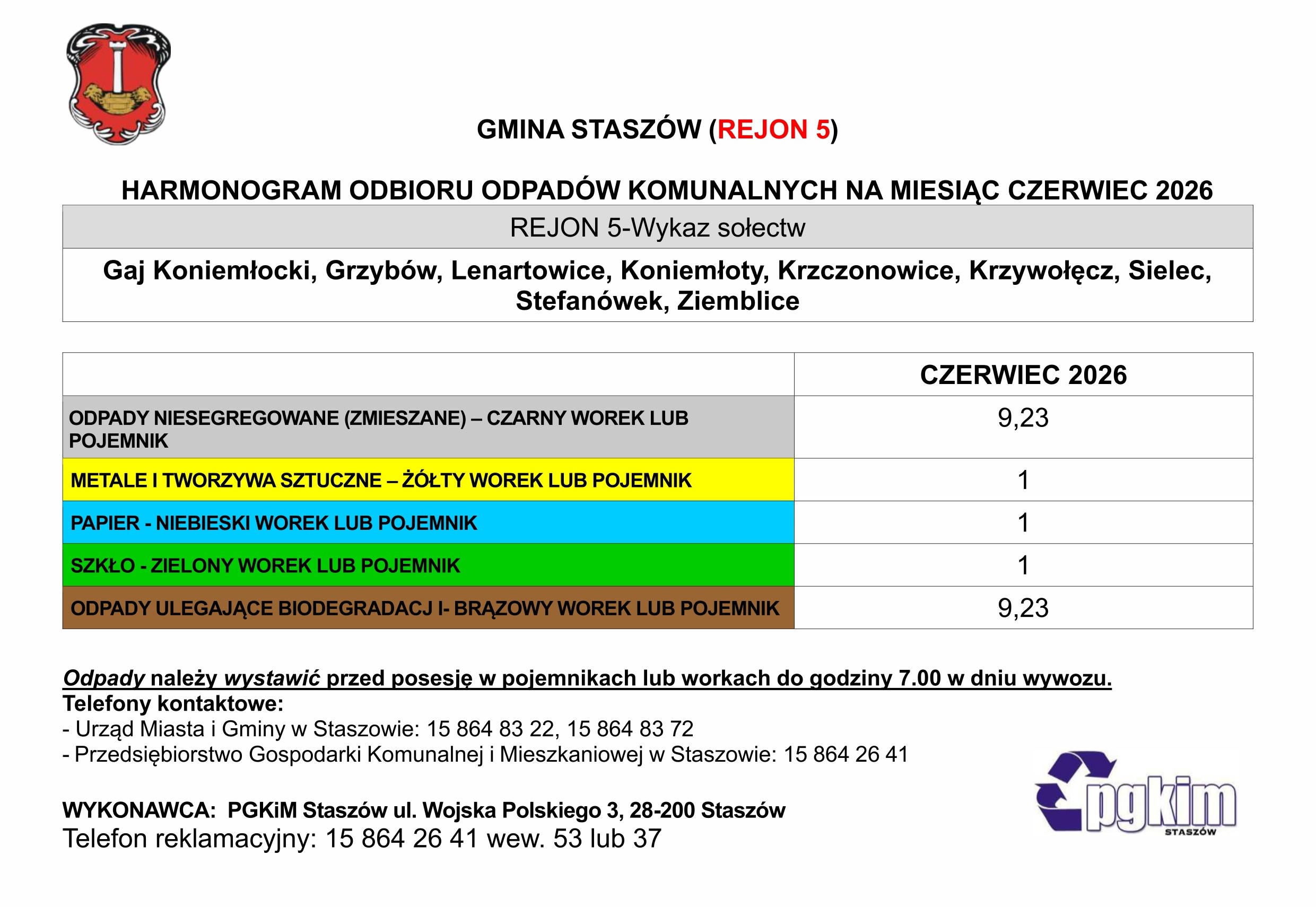 Grafika: Harmonogram odbioru odpad&oacute;w komunalnych na&nbsp;czerwiec 2026 roku
