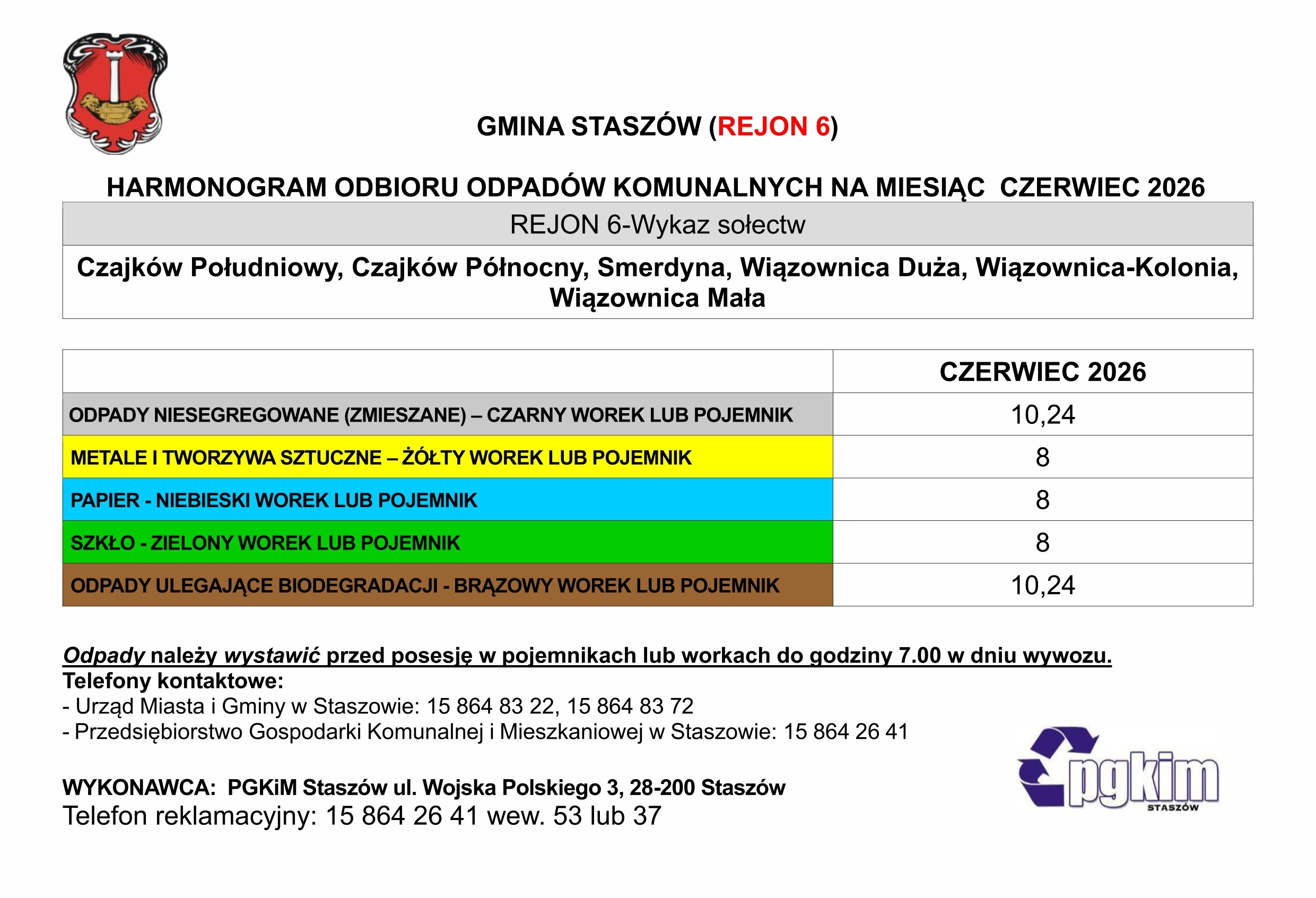 Grafika: Harmonogram odbioru odpad&oacute;w komunalnych na&nbsp;czerwiec 2026 roku