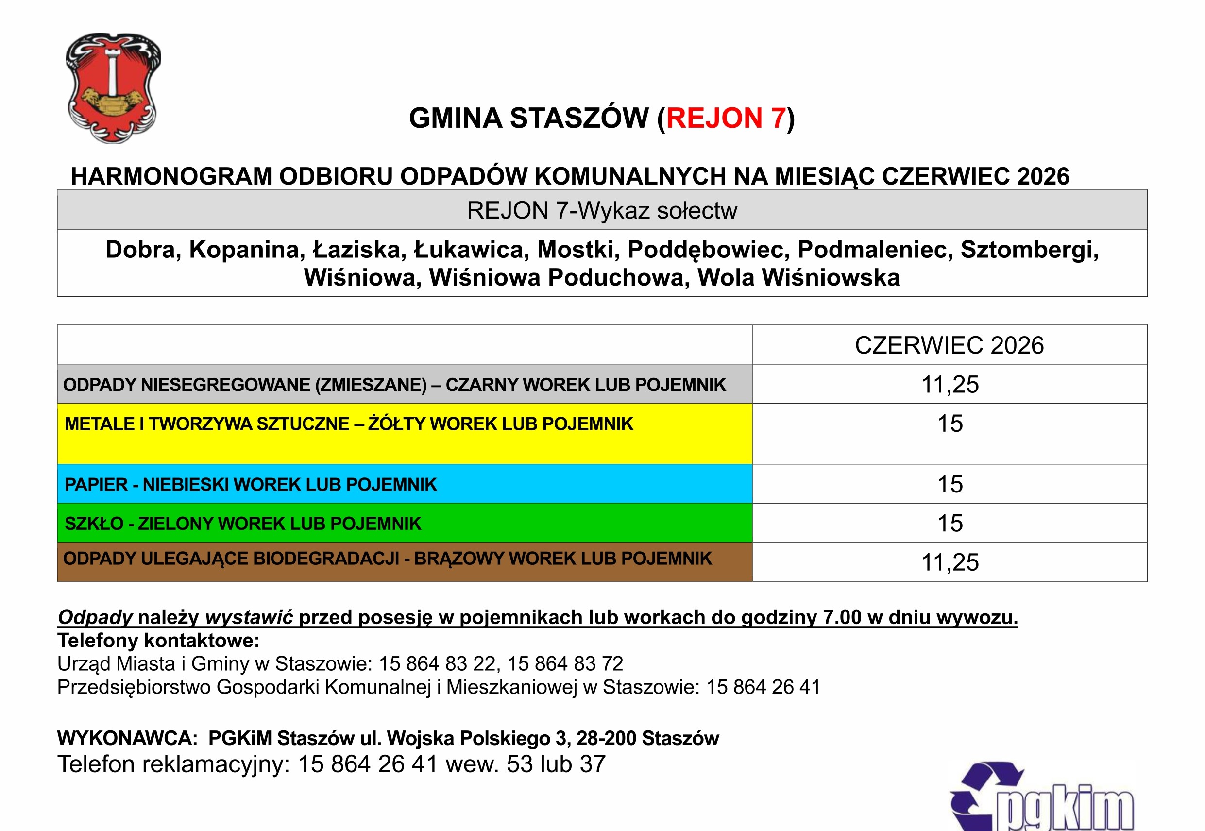 Grafika: Harmonogram odbioru odpad&oacute;w komunalnych na&nbsp;czerwiec 2026 roku