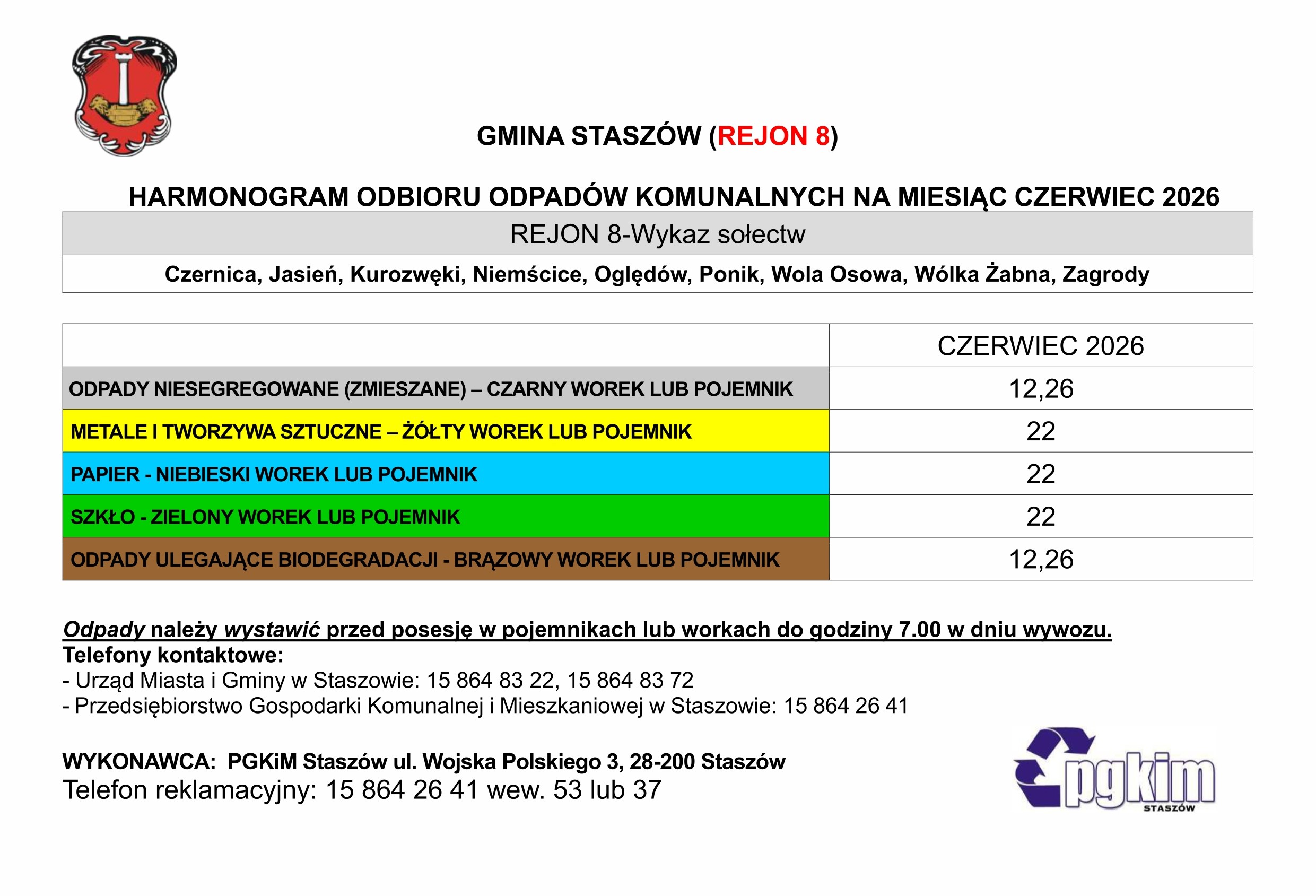 Grafika: Harmonogram odbioru odpad&oacute;w komunalnych na&nbsp;czerwiec 2026 roku