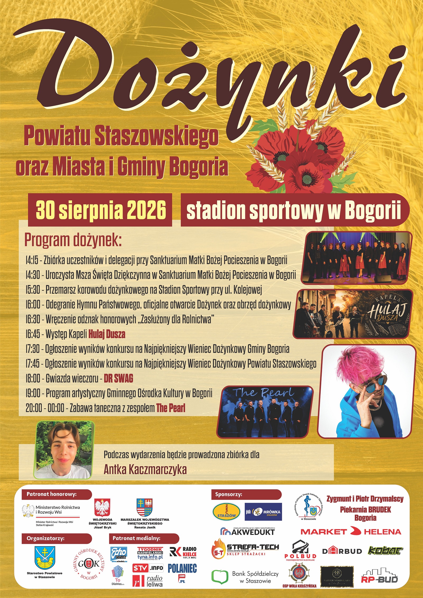 Plakat: SERDECZNIE ZAPRASZAMY NA DOŻYNKI POWIATU STASZOWSKIEGO ORAZ MIASTA I GMINY BOGORIA
