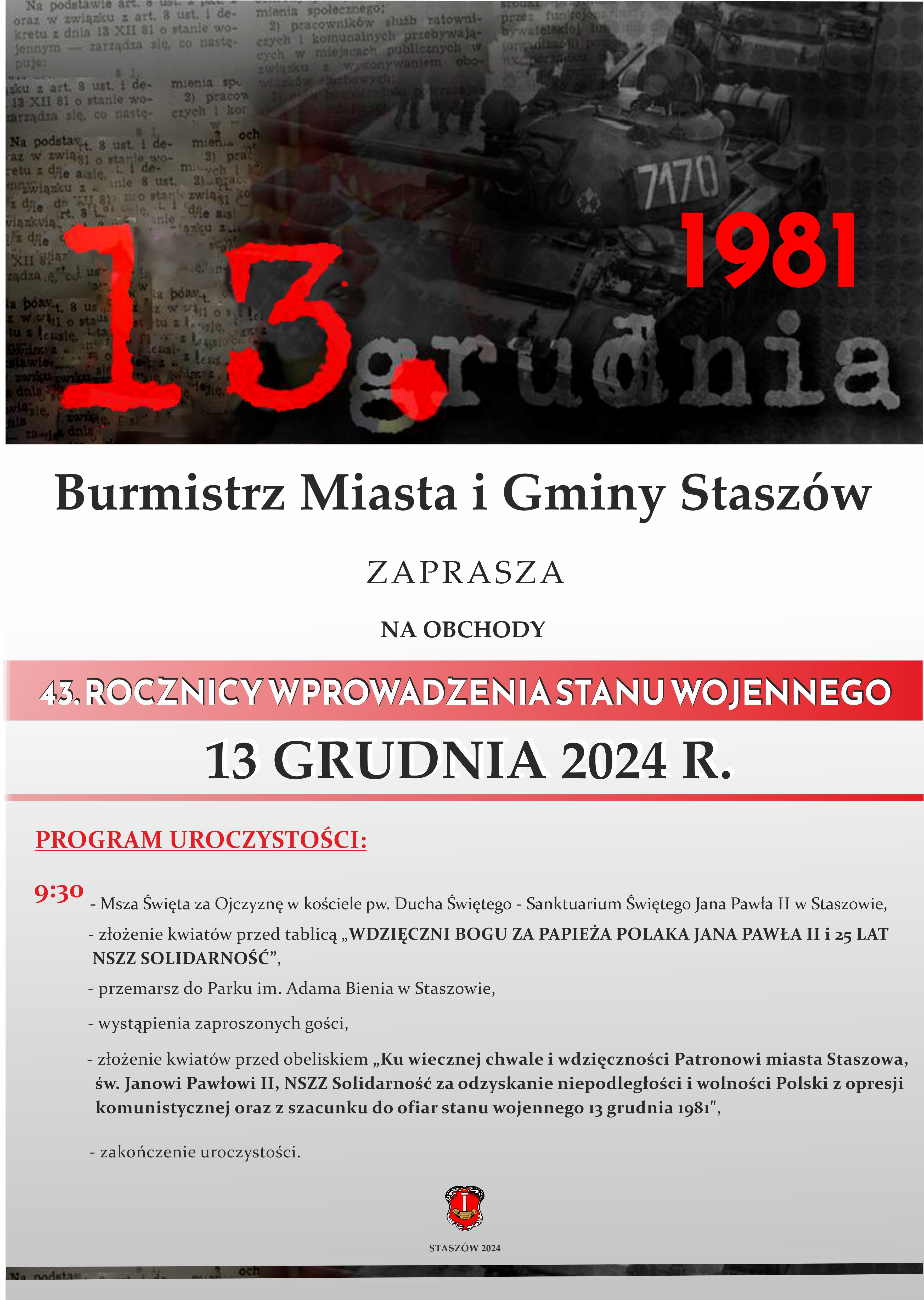 Plakat: Obchody 43. rocznicy wprowadzenia stanu wojennego w Polsce