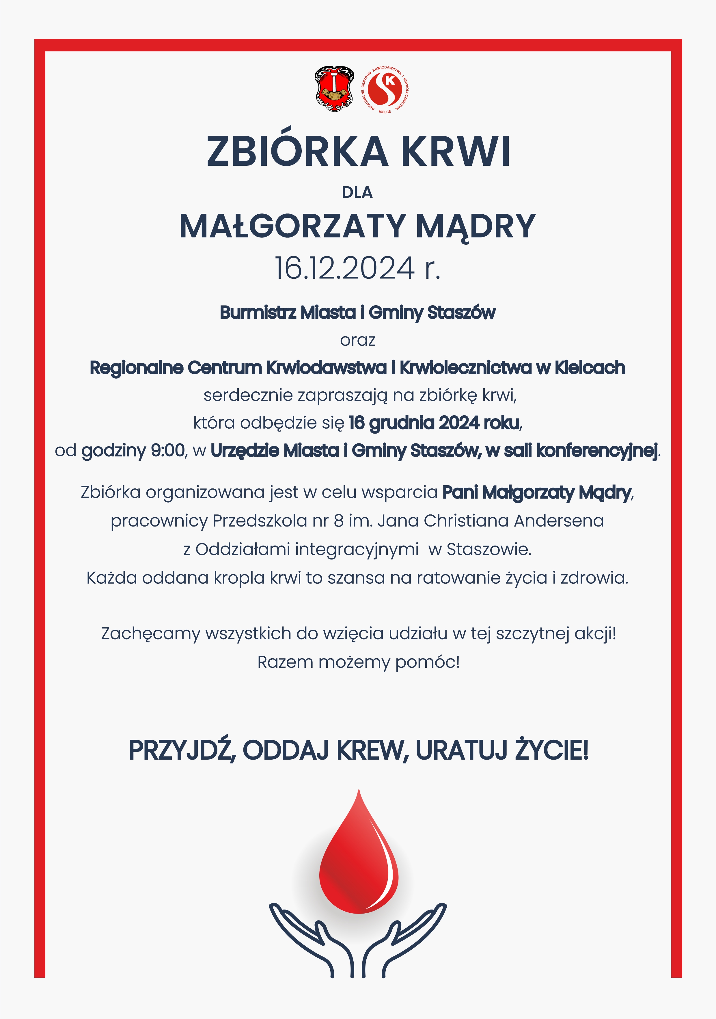 PLAKAT: ZBIÓRKA KRWI DLA MAŁGORZATY MĄDRY