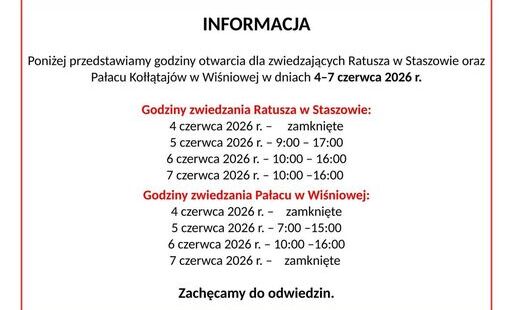 Zdjęcie do Godziny otwarcia dla zwiedzających Ratusza w Staszowie i Pałacu Kołłątaj&oacute;w w Wiśniowej (4&ndash;7 czerwca 2026 r.)