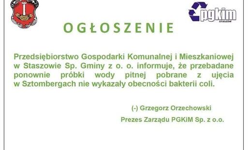 Zdjęcie do Komunikat dotyczący jakości wody z ujęcia w Sztombergach