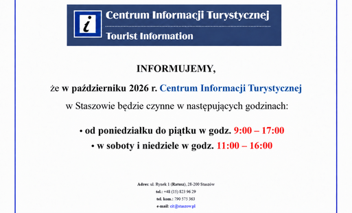 Zdjęcie do Godziny otwarcia Centrum Informacji Turystycznej w Staszowie &ndash; pażdziernik 2026