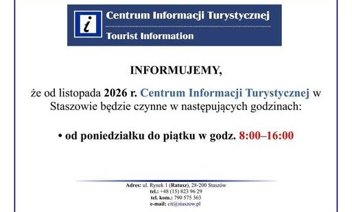 Zdjęcie do Godziny otwarcia Centrum Informacji Turystycznej w Staszowie od listopada 2026r.