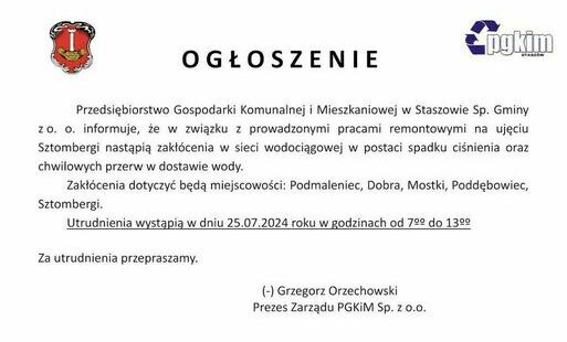 Zdjęcie do Zakł&oacute;cenia w sieci wodociągowej: Podmaleniec, Dobra, Mostki, Poddębowiec, Sztombergi