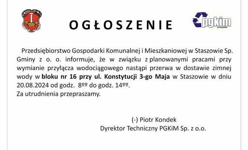 Zdjęcie do   Przerwa w dostawie zimnej wody w bloku nr 16 przy ul. Konstytucji 3-go Maja w Staszowie