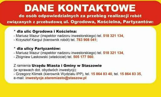 Zdjęcie do DANE KONTAKTOWE - przebudowa ul. Ogrodowa, Kościelna, Partyzant&oacute;w