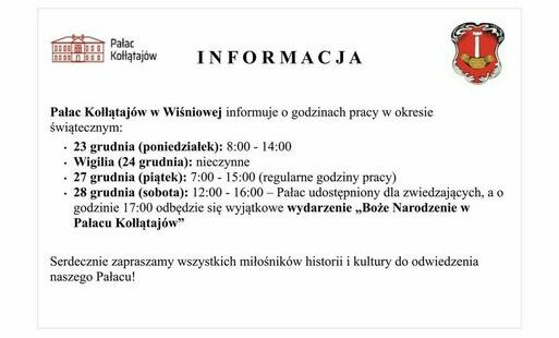 Zdjęcie do Pałac Kołłątaj&oacute;w w Wiśniowej: godziny pracy w okresie świątecznym