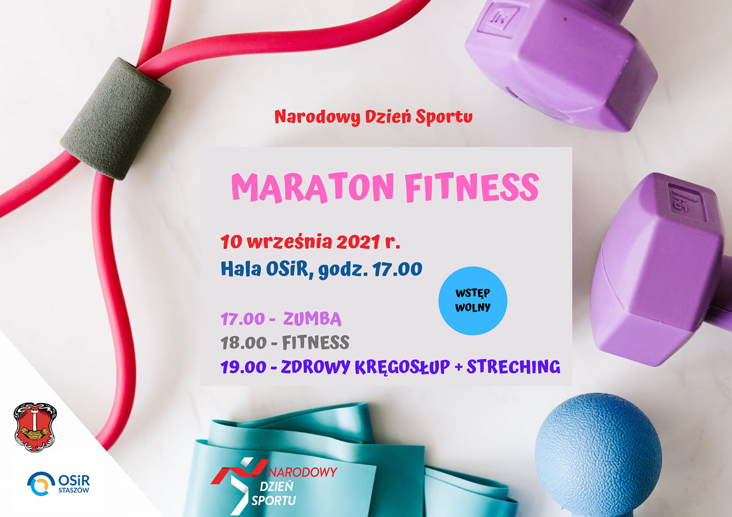 Plakat: W piątek, 10 września zapraszamy na Maraton Fitness z okazji Narodowego Dnia Sportu. Start godz. 17.00, hala OSiR.