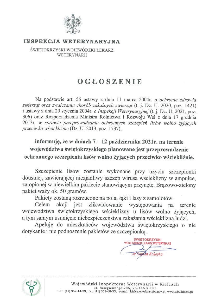 Ogłoszenie: W dniach 7 – 12 października 2021r. na terenie województwa świętokrzyskiego planowane jest przeprowadzenie ochronnego szczepienia lisów wolno żyjących przeciwko wściekliźnie.