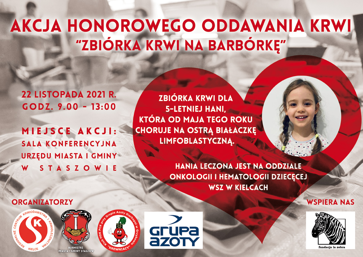Plakat informacyjny: Akcja honorowego oddawania krwi. 22 listopada, godz. 9:00-13:00, miejsce akcji: Urząd Miasta i Gminy Staszów (sala konferencyjna).
