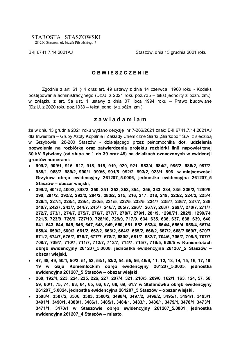 Obwieszczenie dotyczące pozwolenia na rozbiórkę oraz zatwierdzenia projektu rozbiórki linii napowietrznej 30 kV Rytwiany (od słupa nr 1 do 39 oraz 49).
