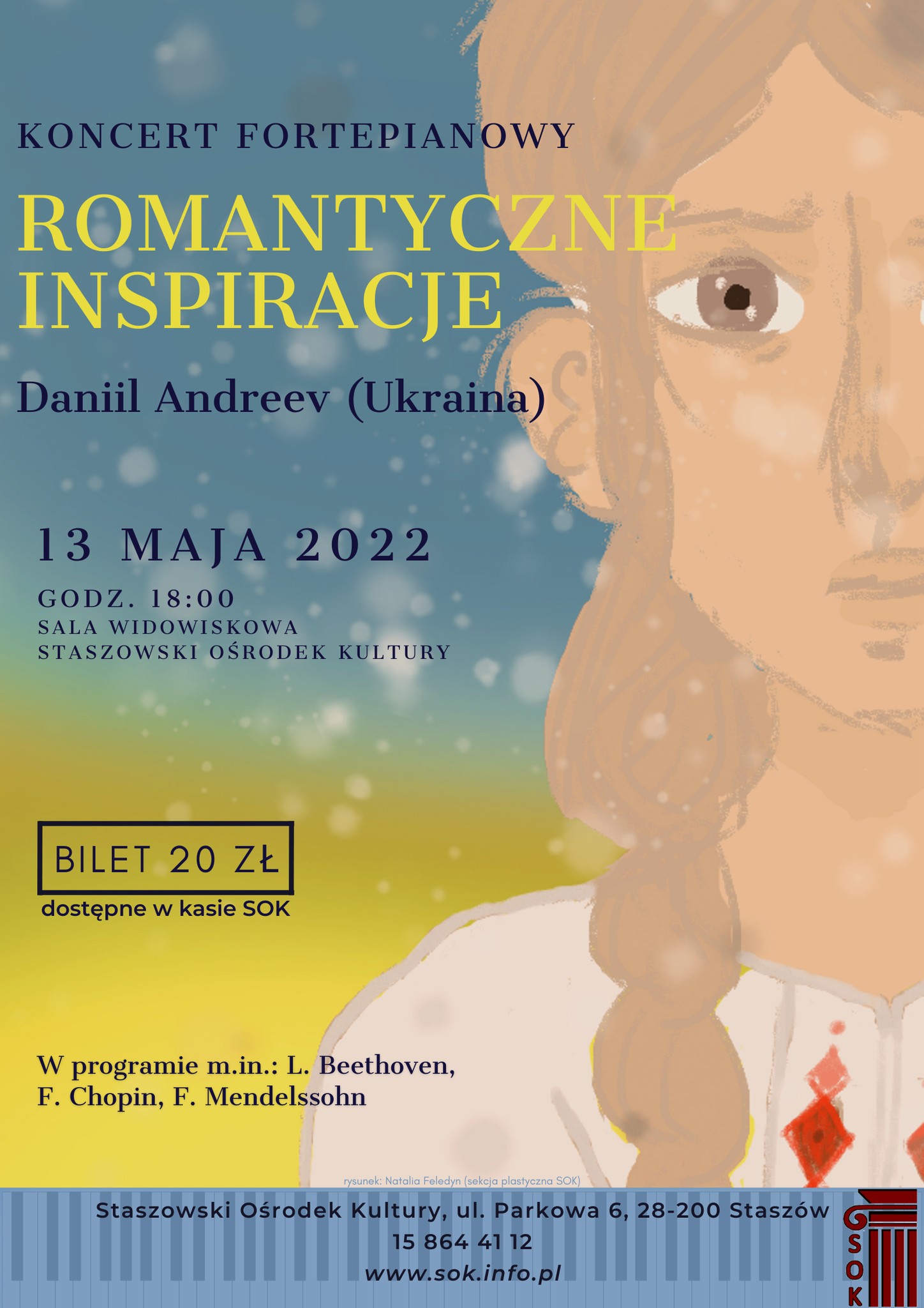 Plakat informacyjny: Koncert fortepianowy “Romantyczne inspiracje”  13 maja, godz. 18:00, Staszowski Ośrodek Kultury
