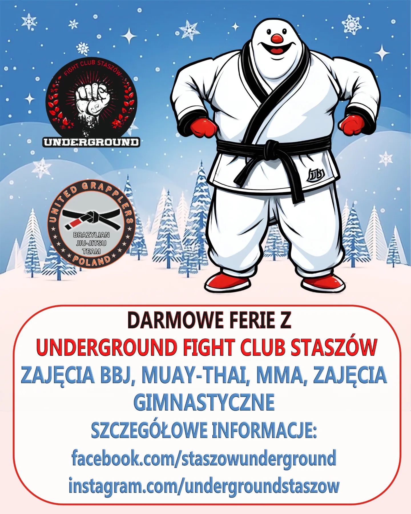 Underground Fight Club w Staszowie zaprasza dzieci do udziału w zajęciach ze sportami walki w pierwszy tydzień ferii zimowych (12.02 do 17.02 2024 r.). Więcej informacji: https://www.facebook.com/staszowunderground