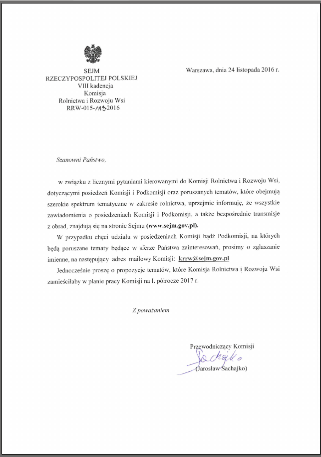 na zdjęciu treść pisma Przewodniczącego komisji Jarosława Sachajki